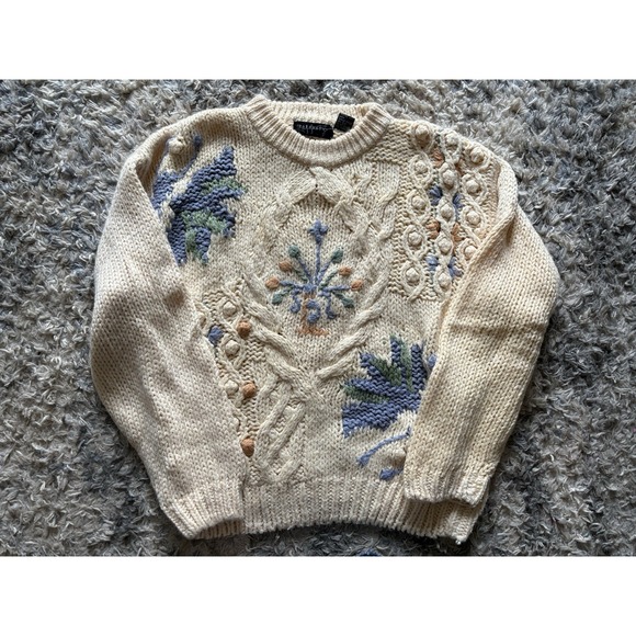 Sweaters - Vtg Rafferty Chunky Knit Cream Sweater Sz L Floral Grandpacore